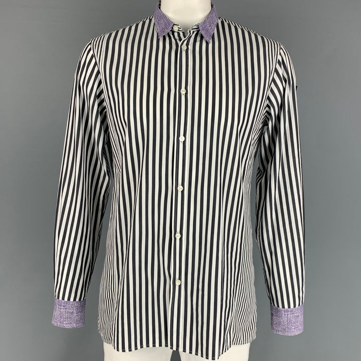 BOTTEGA VENETA Size 42 White Black Purple Stripe Cotton Long Sleeve Shirt