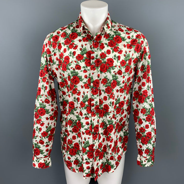 R. SCOTT FRENCH Size L Red & Green Floral Cotton Button Up Long Sleeve Shirt