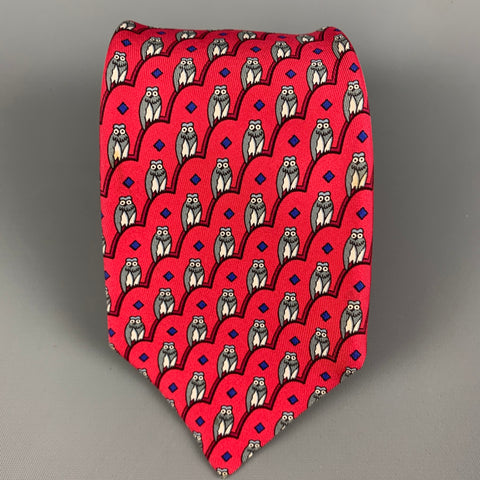 HERMES 7167 FA Red Grey Owl Print Silk Tie