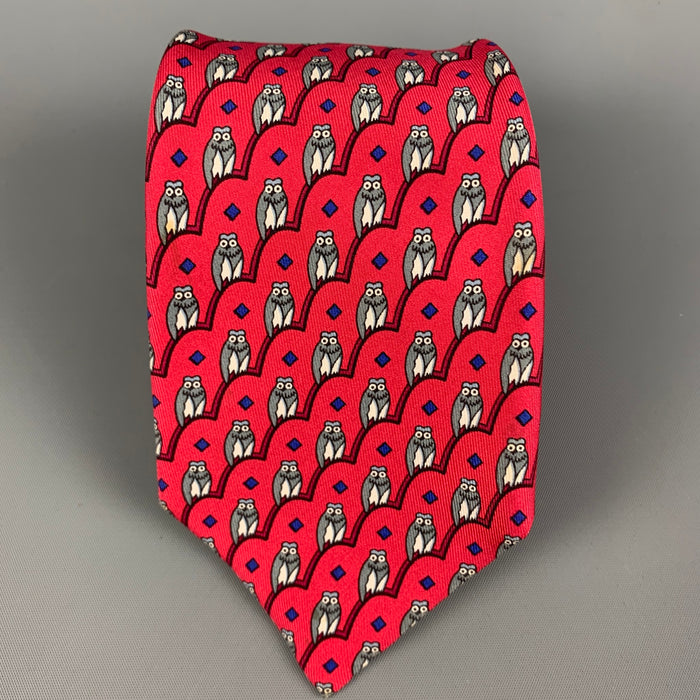 HERMES 7167 FA Red Grey Owl Print Silk Tie