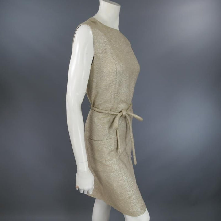 BARBARA TFANK Size 6 Metallic Silver Beige Textured Tie Belt Cocktail Dress