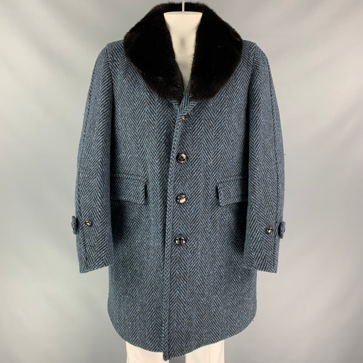 BURBERRY PRORSUM Otoño 2011 Talla 42 Abrigo azul con cuello de visón extraíble de lana en zigzag