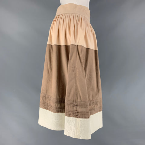 MARNI Size 2 Beige &  Brown Cotton Pleated A-Line Skirt