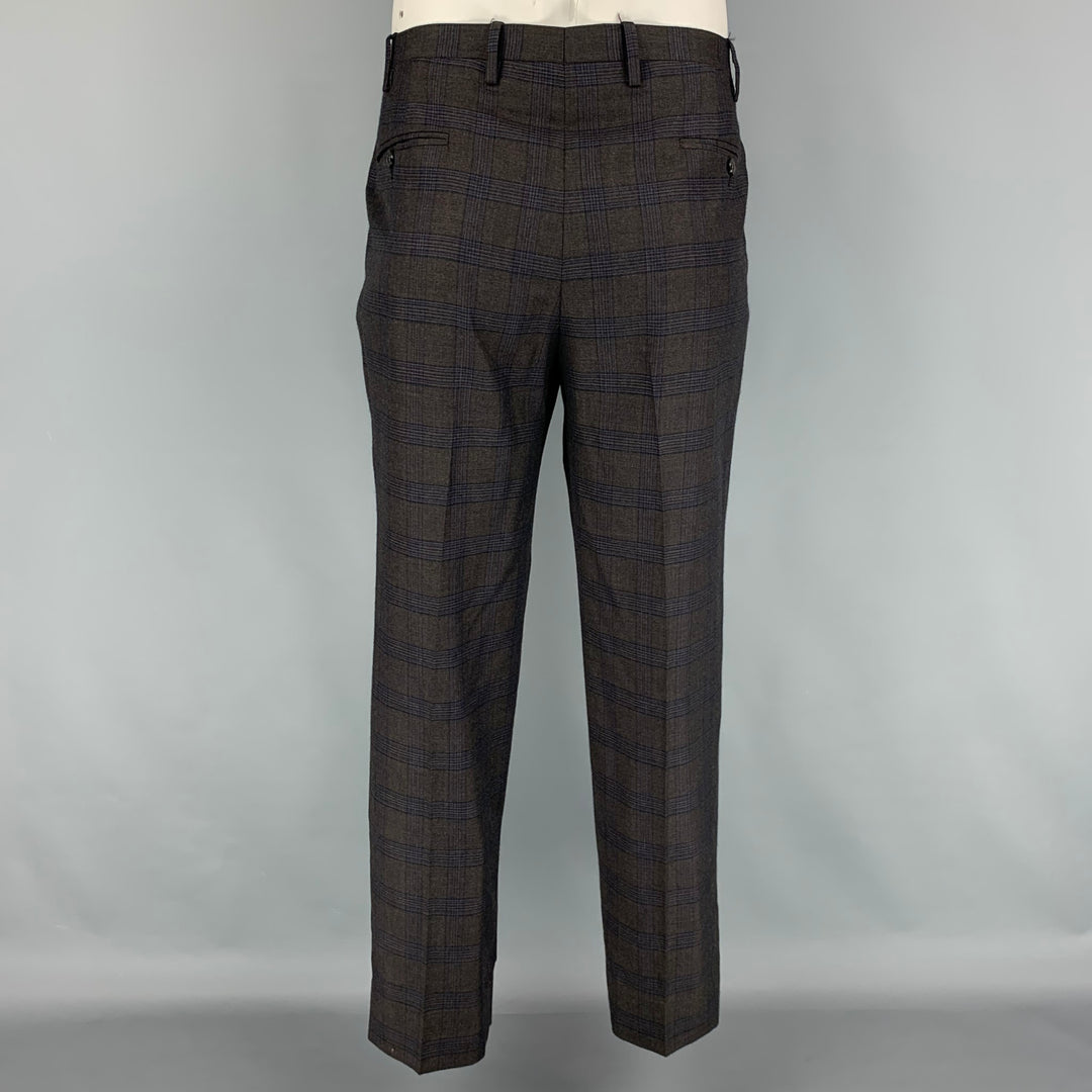 KITON Size 44 Brown Blue Plaid Cashmere Notch Lapel Suit