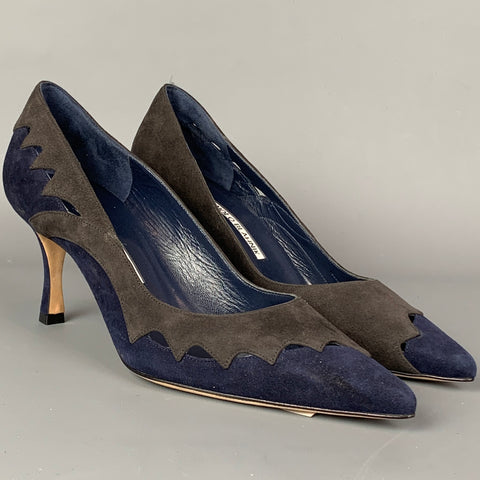 MANOLO BLAHNIK Talla 7 Zapatos de tacón con corte de ante gris y azul marino