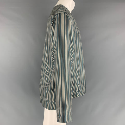 OAMC Size M Blue Black & White Vertical Stripe Silk Pop-Over Long Sleeve Shirt