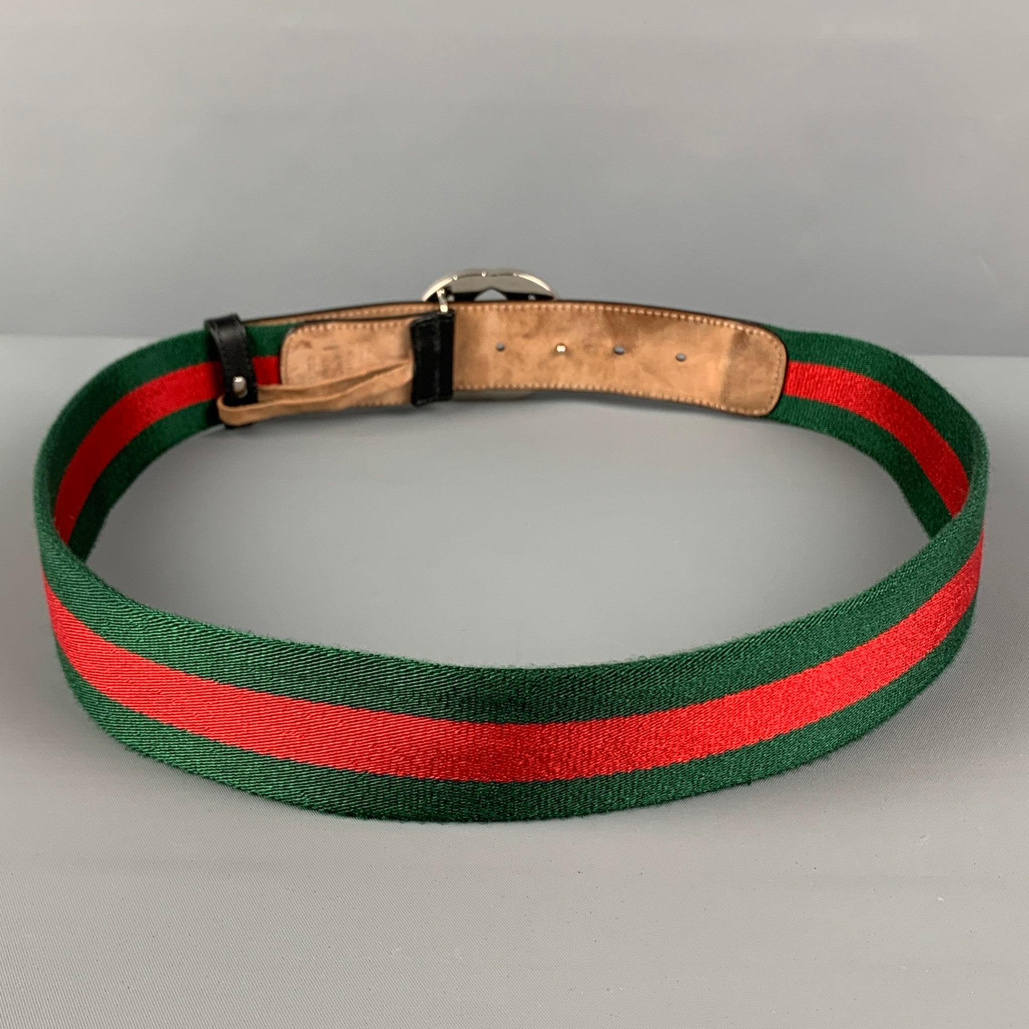 GUCCI Size 40 Green Red Stripe Fabric Leather GG Belt – Sui