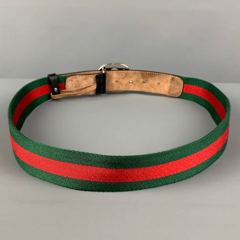 GUCCI Size 40 Green Red Stripe Fabric Leather GG Belt
