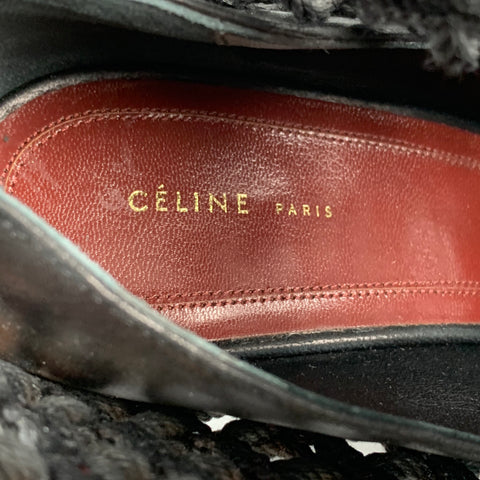 CELINE Size 7.5 Black Leather Woven Rope Heels