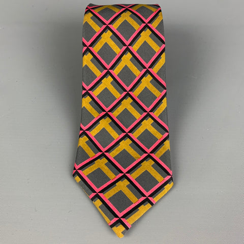 HERMES 161 TA Grey Pink Plaid Silk Tie