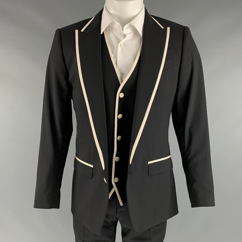 DOLCE & GABBANA Chest Size 38 Black White Solid Wool Blend Peak Lapel Suit