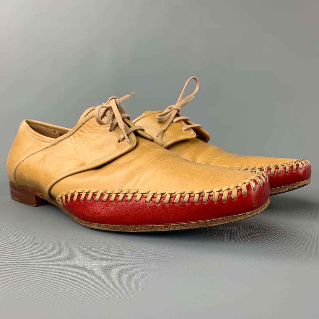 DRIES VAN NOTEN Size 10 Tan Leather Red Trim Square Toe Lace Up Shoes
