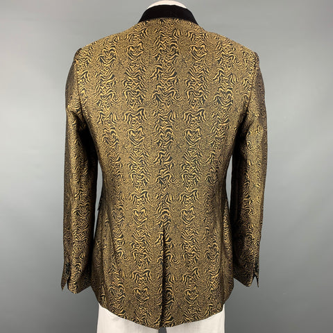 ROBERTO CAVALLI Size 44 Black & Gold Jacquard Silk Sport Coat