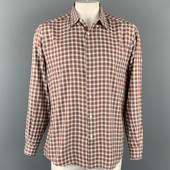 ERMENEGILDO ZEGNA Size XL Brown & White Plaid Cotton Button Down Long Sleeve Shirt