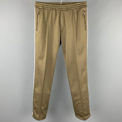 TRES BIEN Size 32 Olive Striped Trim Polyester Drawstring Sweatpants