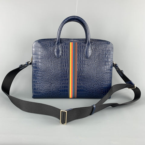 PAUL SMITH Navy Crocodile Embossed Leather Laptop Case Briefcase