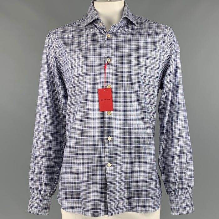 KITON Size XL Navy White Glenplaid Cotton Long Sleeve Shirt