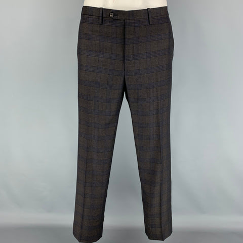 KITON Size 44 Brown Blue Plaid Cashmere Notch Lapel Suit
