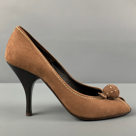 Zapatos de tacón peep toe de ante marrón PRADA talla 6.5