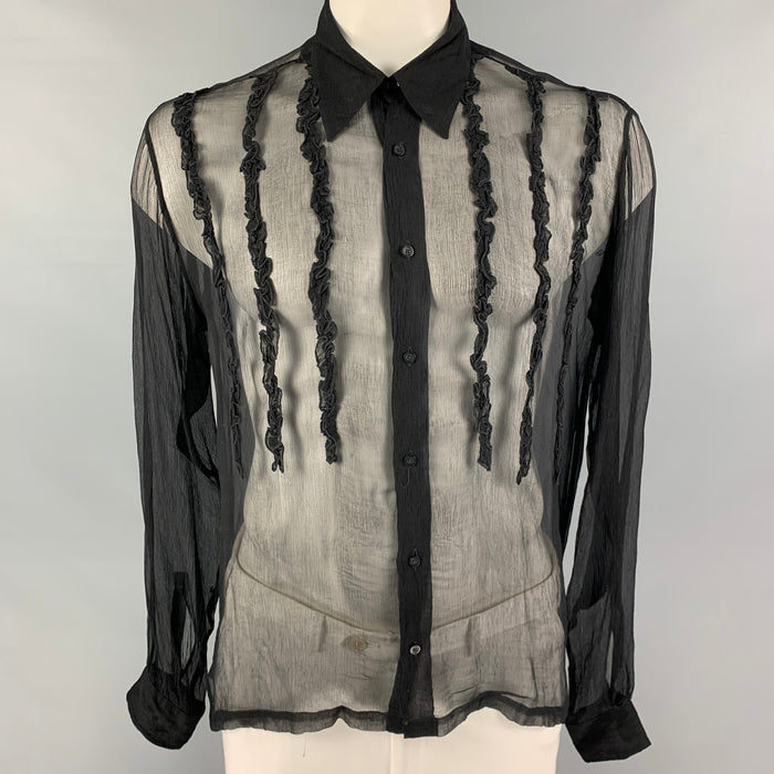 JUST CAVALLI Size L Black Ruffled Button Up Long Sleeve Shirt