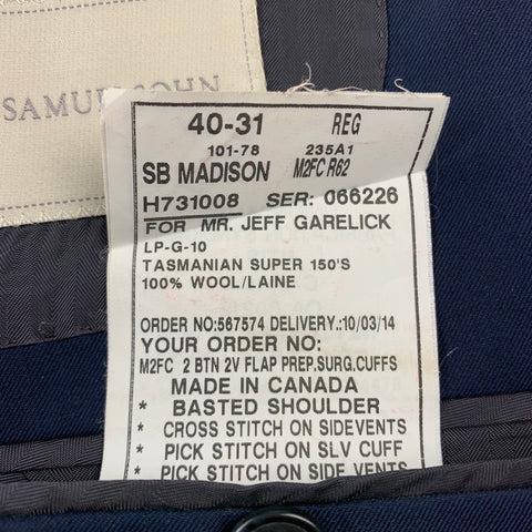 SAMUELSOHN Size 40 Navy Wool Notch Lapel Custom Suit