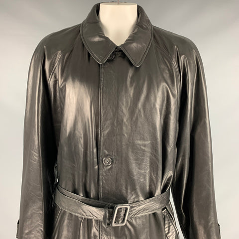 BALLY Size 48 Black Leather Zip Buttons Coat