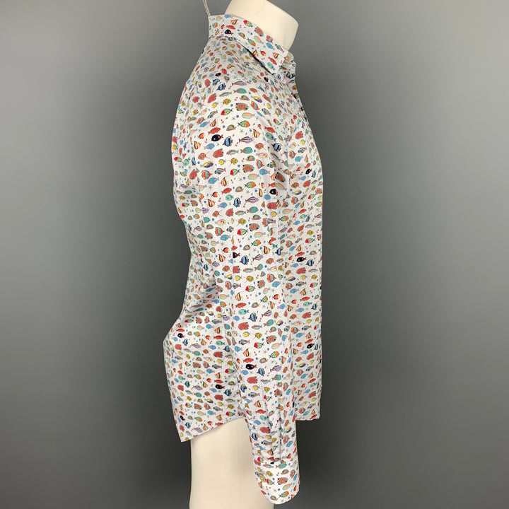 PAUL SMITH Taille M Chemise à manches longues boutonnée en coton imprimé poisson blanc