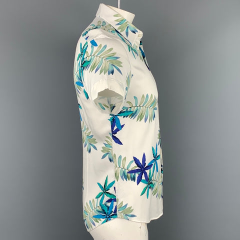 REISS Slim Fit Size L Cream & Blue Leaf Print Viscose Short Sleeve Shirt