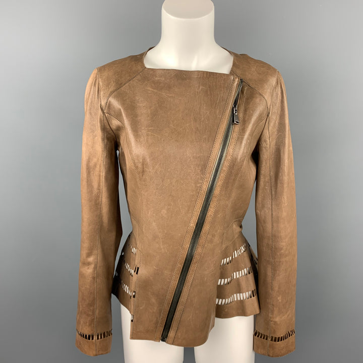 ELIE TAHARI Size S Brown Perforated Leather Asymmetrical Jacket
