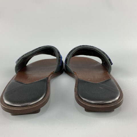BOTTEGA VENETA Size 7.5 Navy Blue Black Beaded Canvas Strap Brown Leather Sandals