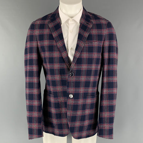 ETRO Size 40 Navy Multi-Color Plaid Cotton Elastane Sport Coat