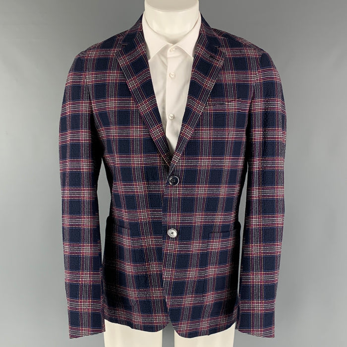 ETRO Size 40 Navy Multi-Color Plaid Cotton Elastane Sport Coat