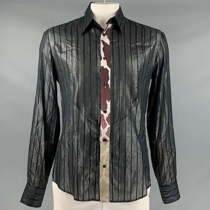 JUST CAVALLI Size L Black Stripe Viscose Blend Button Up Long Sleeve Shirt