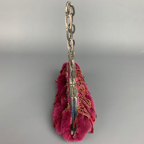 BADGLEY MISCHKA Purple & Silver Beaded Rhinestones Fur Handbag