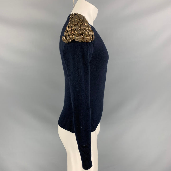 BURBERRY PRORSUM Fall Winter 2010 Size XS Navy Knitted Wool Crew-Neck Gold Tone Button Epaulettes Sweater