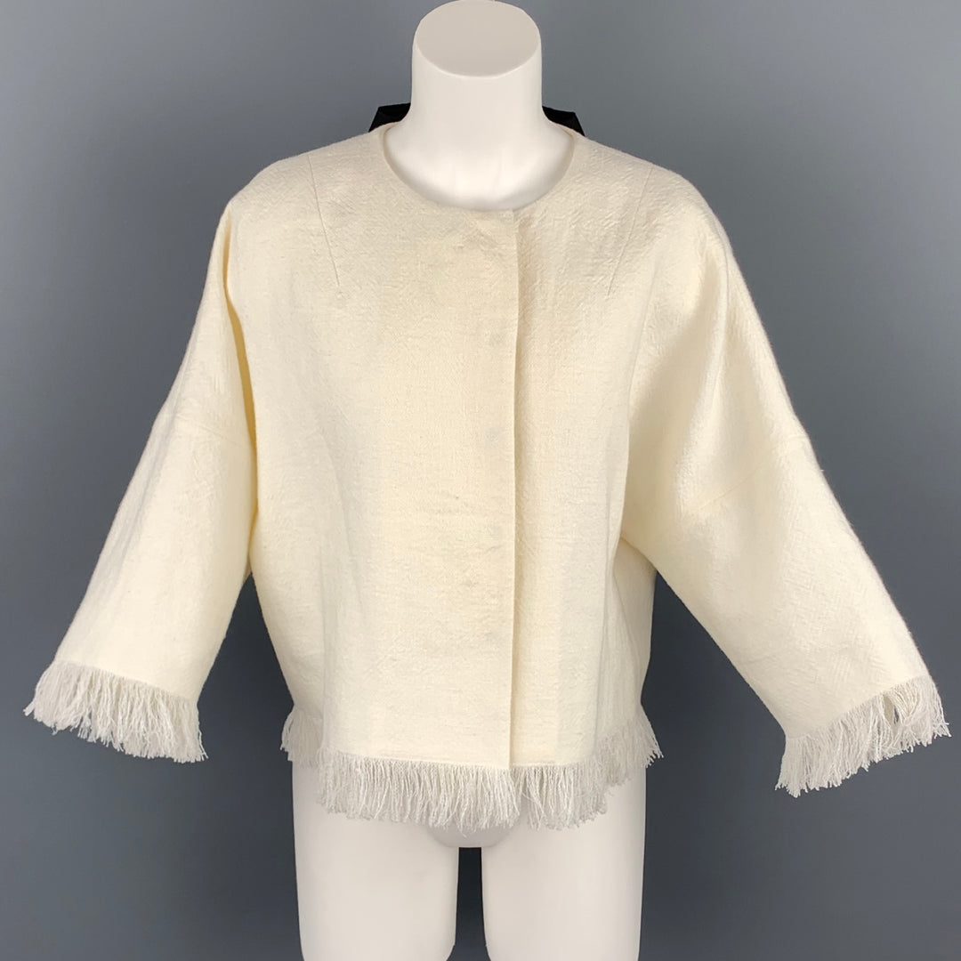 ANDREW GN S/S 18 Size 4 Cream Woven Linen Fringe Snap Button Jacket