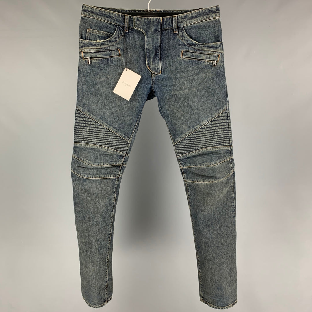 BALMAIN Size 32 Blue Cotton Motorcycle Jeans