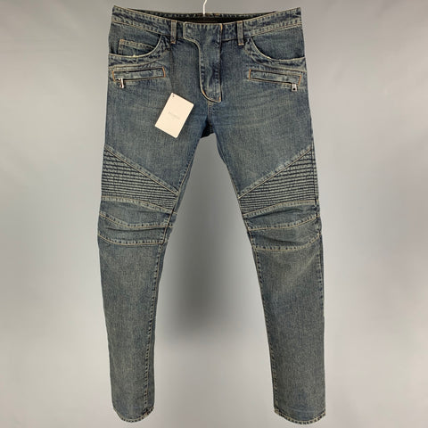 BALMAIN Size 32 Blue Cotton Motorcycle Jeans
