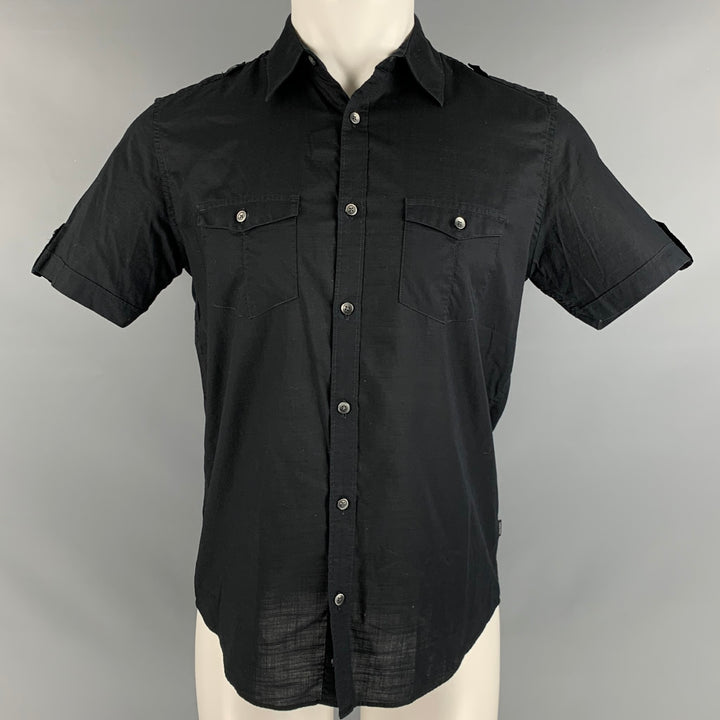 CALVIN KLEIN Size S Black Cotton Epaulettes Short Sleeve Shirt