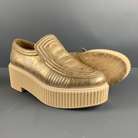 CHANEL Size 9 Gold Fabric Platform Flats