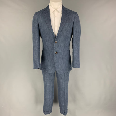 SUIT SUPPLY Size 38 Blue Herringbone Linen Notch Lapel Suit