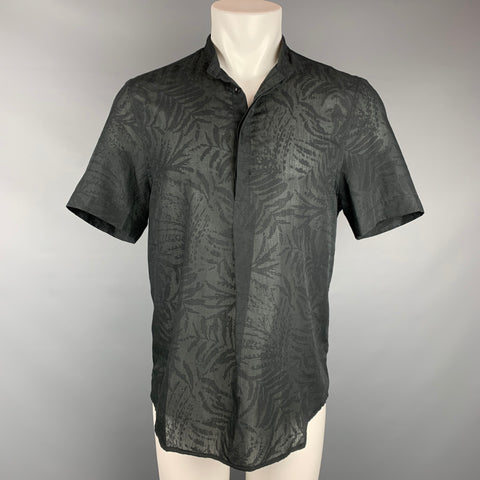 HUSSEIN CHALAYAN Size M Black Print Polyester / Cotton Nehru Collar Short Sleeve Shirt