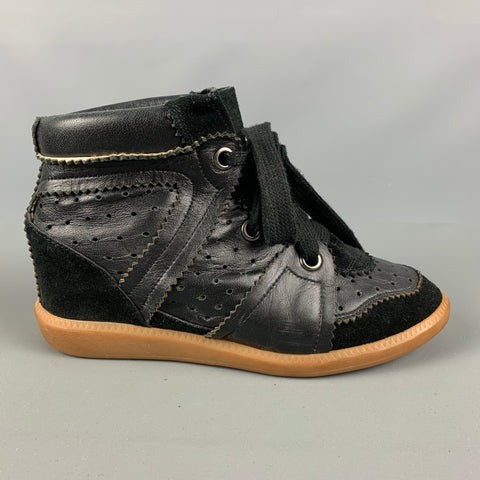 ISABEL MARANT Zapatillas de deporte con cuña perforada de cuero negro talla 7
