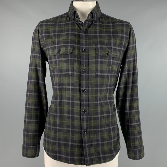 TOM FORD Size XL Black Green Plaid Cotton Button Down Long Sleeve Shirt
