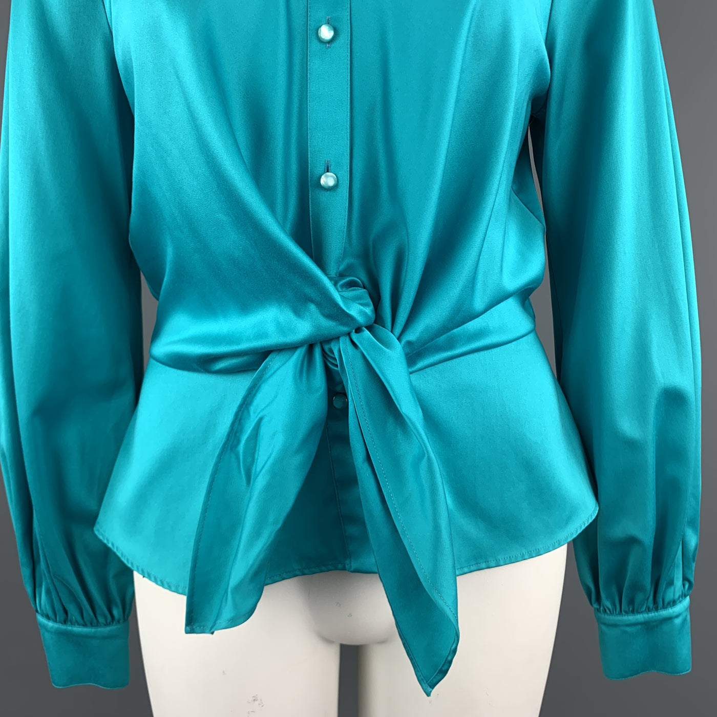 ESCADA Size 12 Turquoise Cotton Sateen Band Collar Tied Blouse