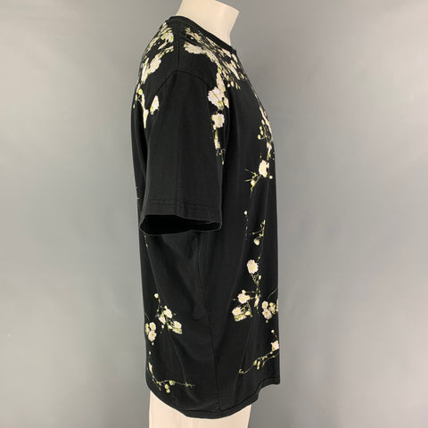 GIVENCHY SS 15 Talla L Camiseta de algodón con cuello redondo y estampado floral en blanco y negro