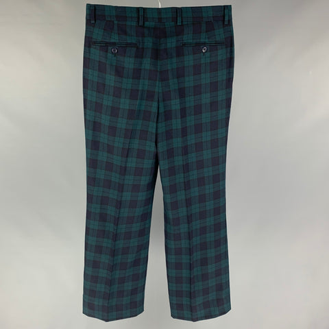 PAUL FREDERICK Size 32 Green Navy Blackwatch Plaid Wool Pleated Dress Pants