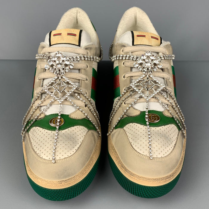 GUCCI Size 15 Off White Green Distressed Leather Crystal Screener Sneakers