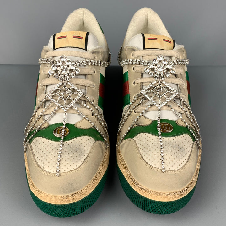 GUCCI Size 14 Off White Green Distressed Leather Crystal Screener Sneakers