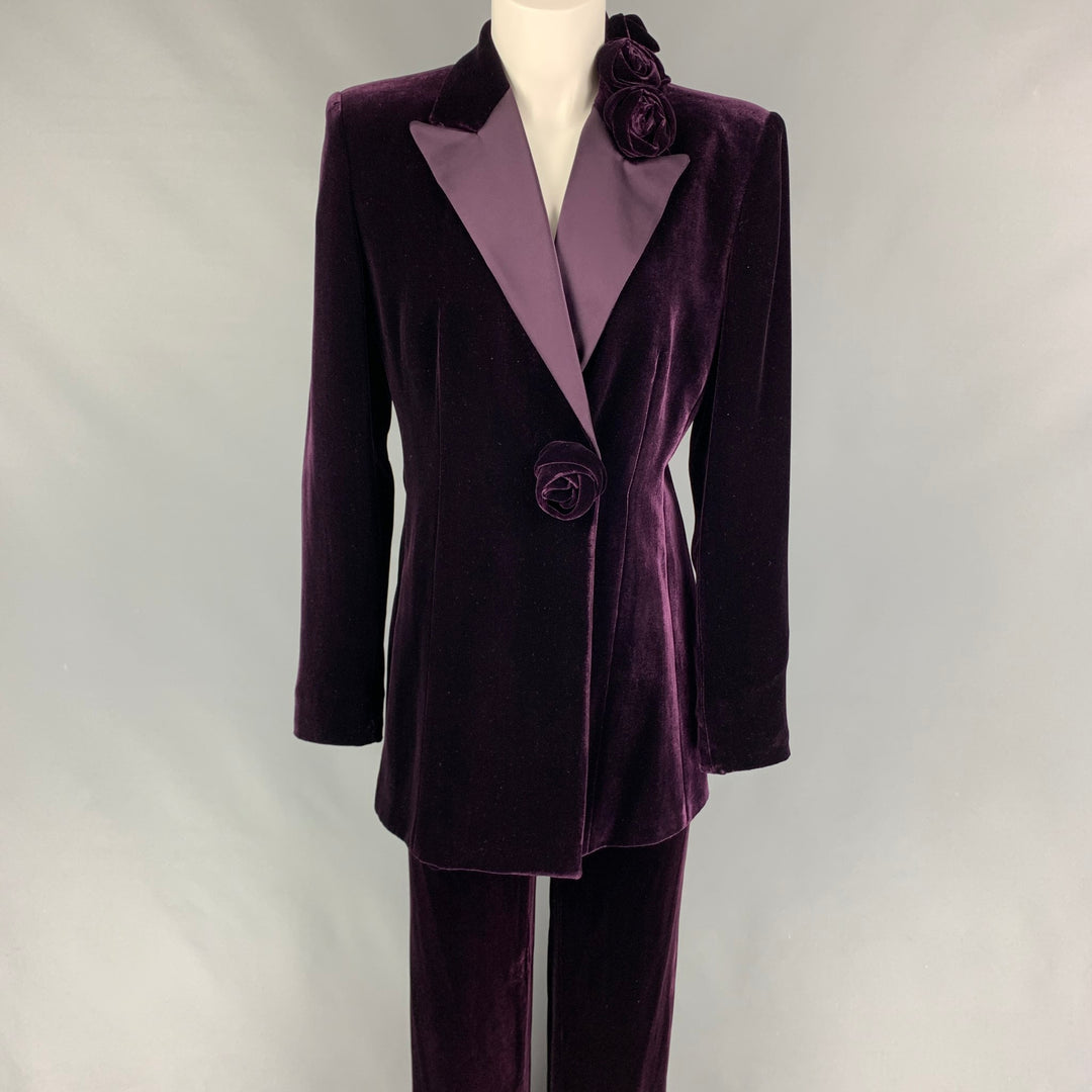 EMPORIO ARMANI Size 8 Purple Viscose Silk Velvet Peak Lapel Pants Suit